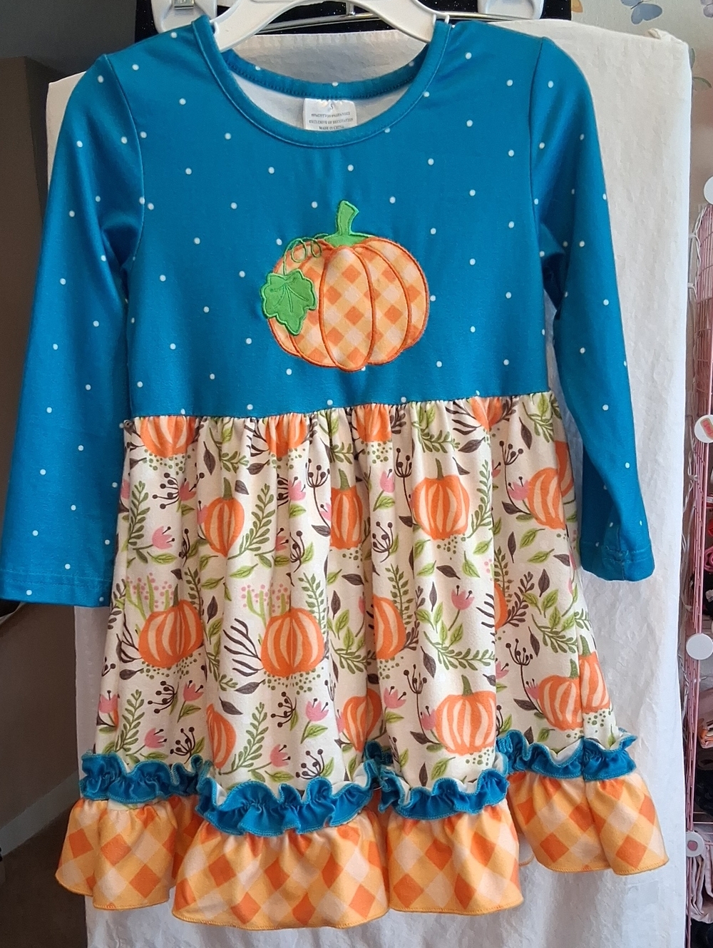 Girls Pumpkin Long Sleeve Dress with Ruffle Skirt. S(6-7)